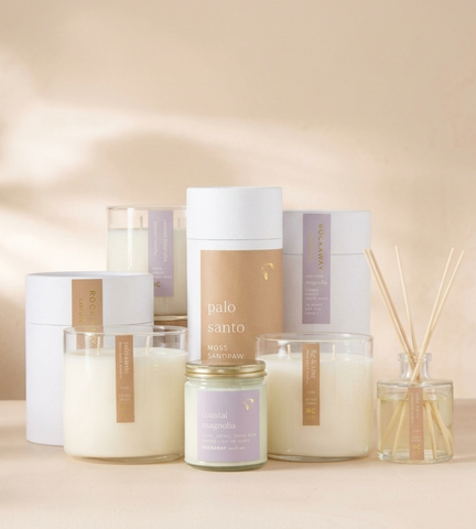 Collection ofcandles and diffusers on a neutral background