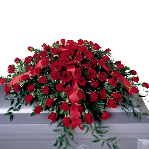 funeral flowers all red roses casket spray