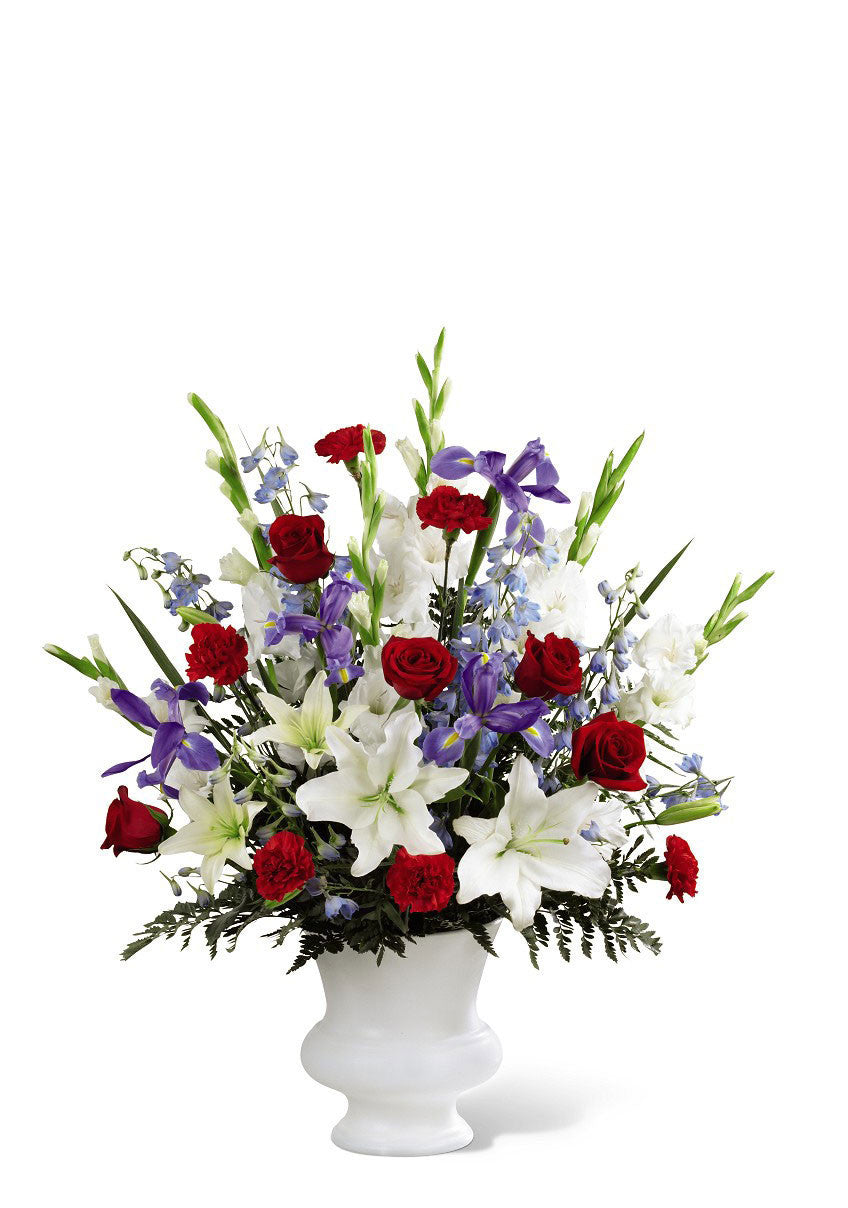 funeral flowers red white & blue basket