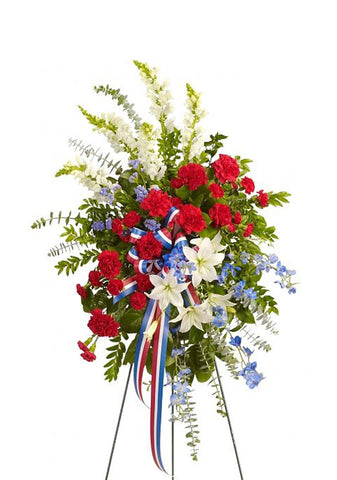 funeral flowers red white and blue standing spray
