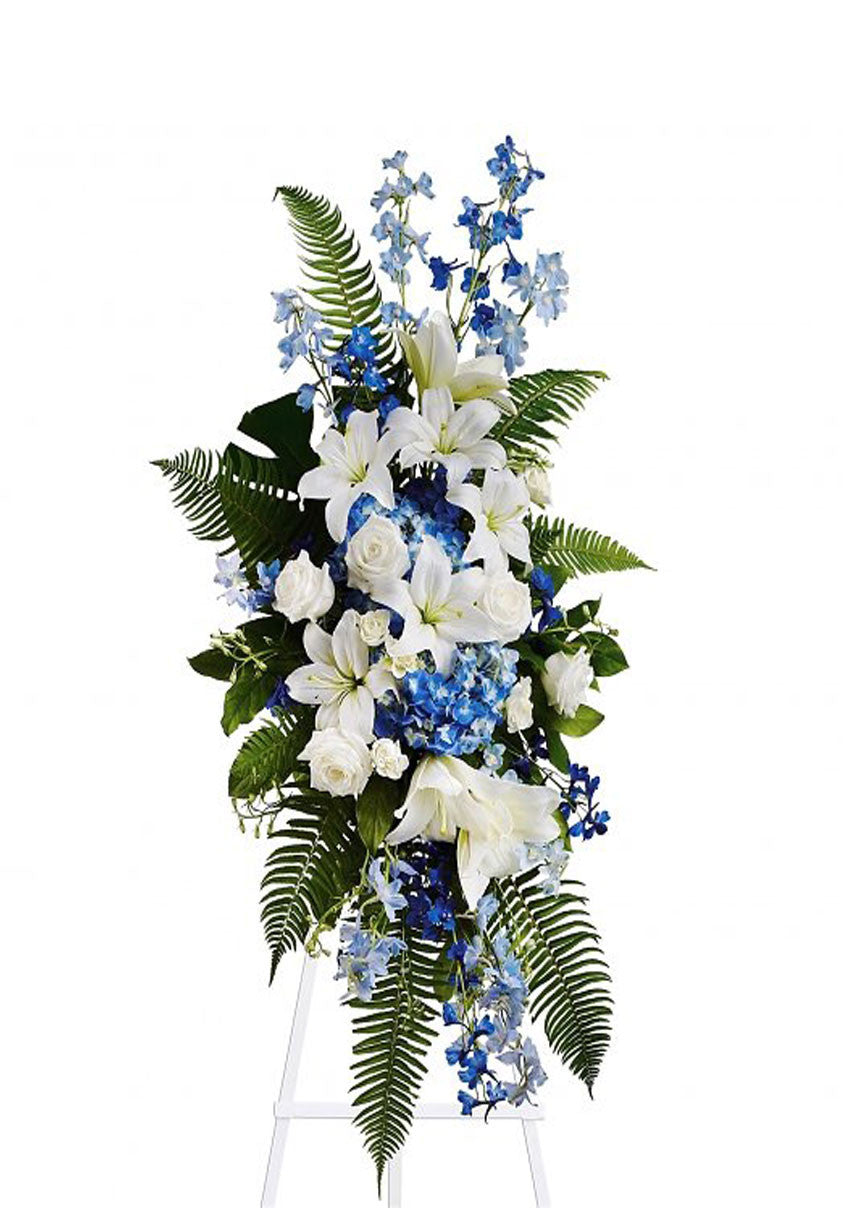 funeral flowers standing spray blue and white