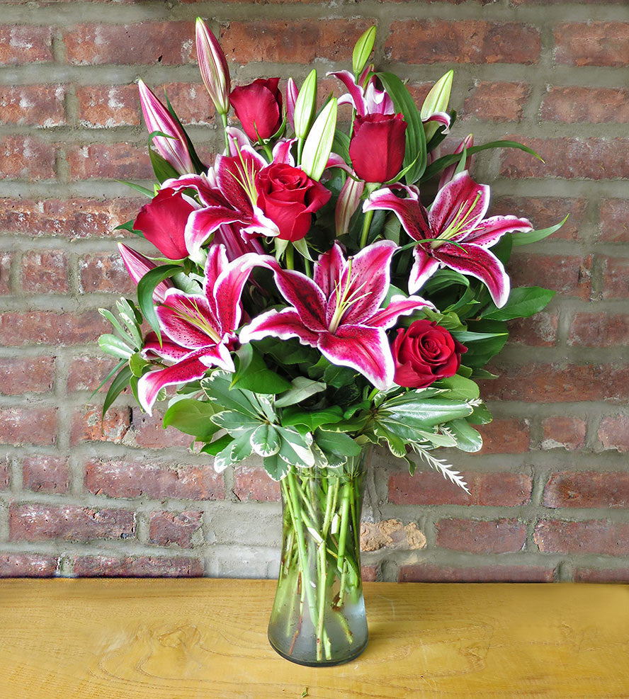 red asiatic lily bouquet Oriental Lilies & Red Roses